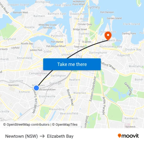 Newtown (NSW) to Elizabeth Bay map