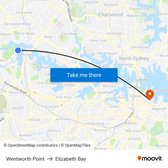 Wentworth Point to Elizabeth Bay map