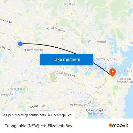 Toongabbie (NSW) to Elizabeth Bay map