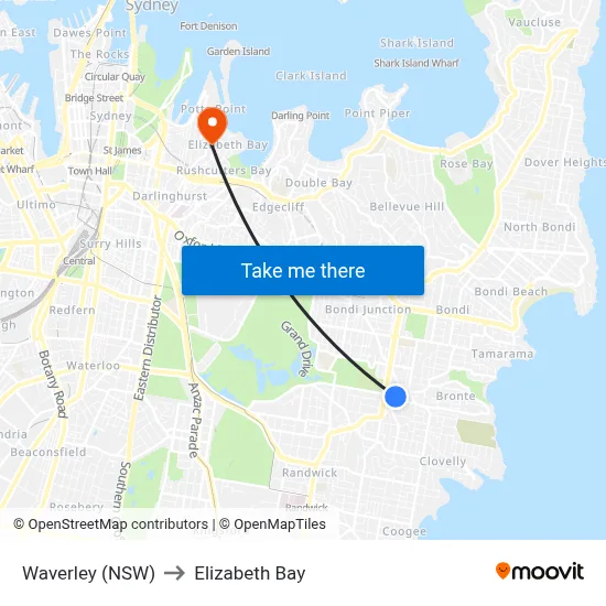Waverley (NSW) to Elizabeth Bay map