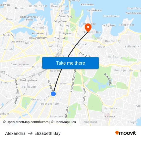 Alexandria to Elizabeth Bay map