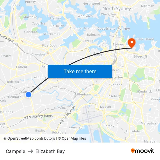 Campsie to Elizabeth Bay map