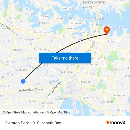 Clemton Park to Elizabeth Bay map