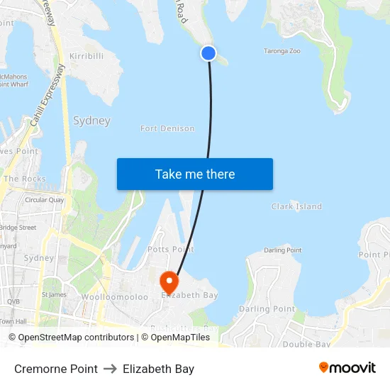 Cremorne Point to Elizabeth Bay map