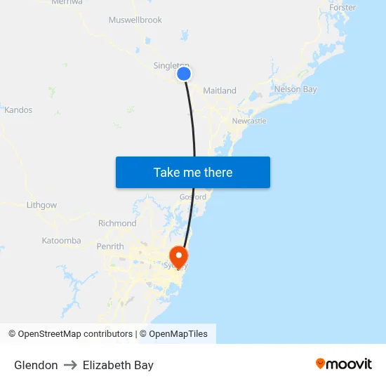 Glendon to Elizabeth Bay map