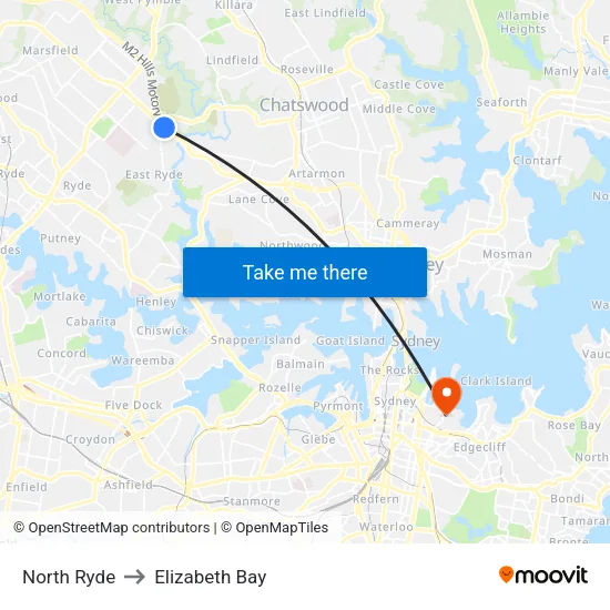 North Ryde to Elizabeth Bay map