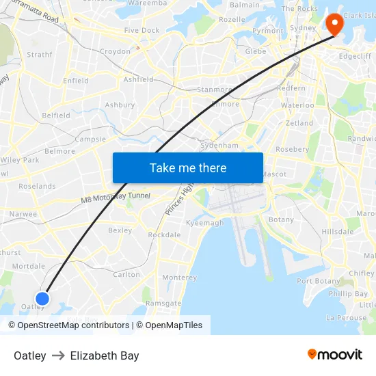 Oatley to Elizabeth Bay map