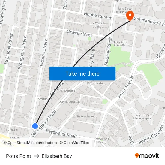 Potts Point to Elizabeth Bay map