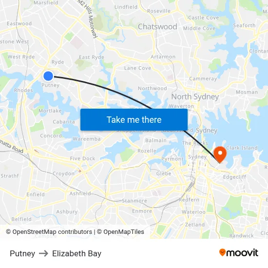 Putney to Elizabeth Bay map