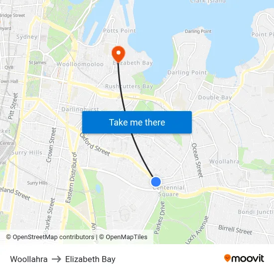 Woollahra to Elizabeth Bay map
