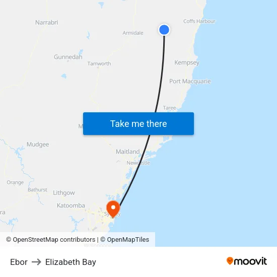Ebor to Elizabeth Bay map