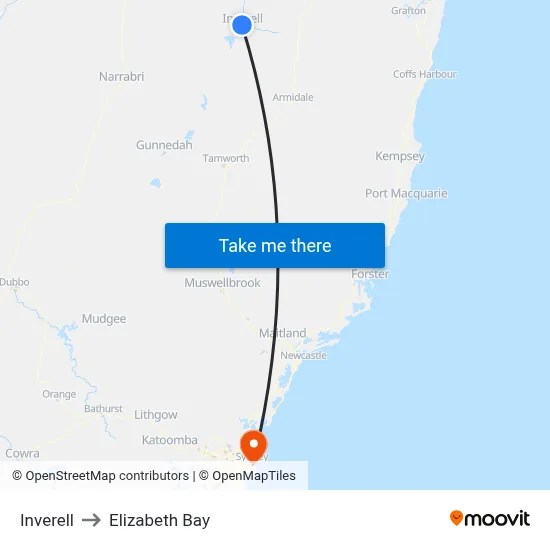 Inverell to Elizabeth Bay map
