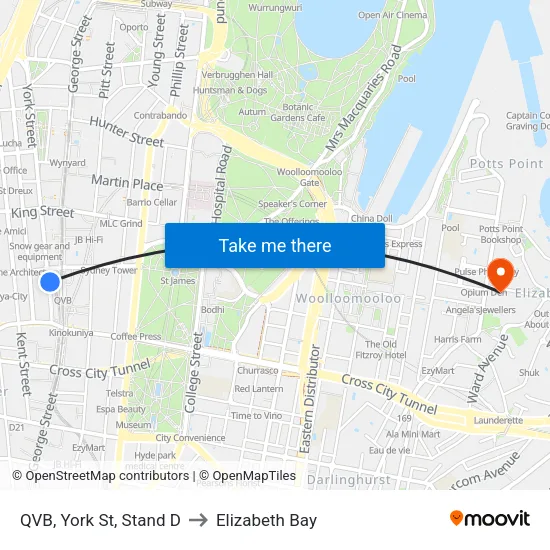 QVB, York St, Stand D to Elizabeth Bay map