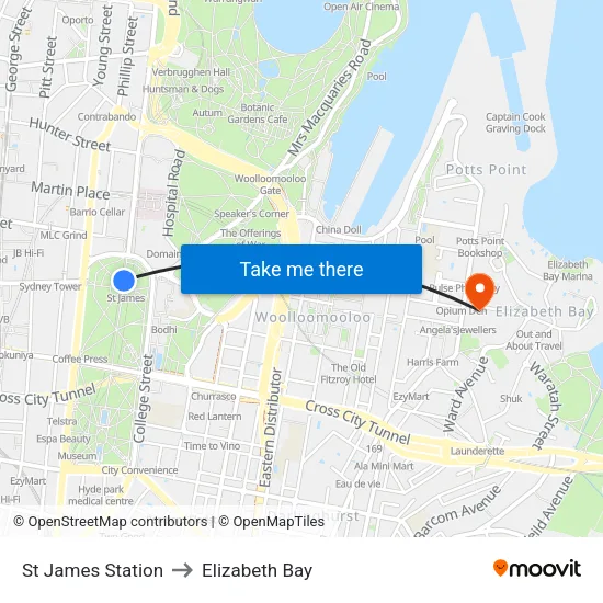 St James Station to Elizabeth Bay map