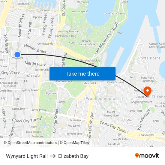 Wynyard Light Rail to Elizabeth Bay map