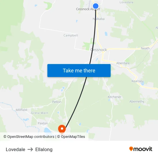 Lovedale to Ellalong map