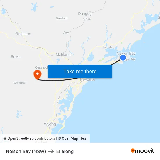 Nelson Bay (NSW) to Ellalong map