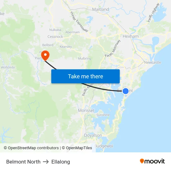 Belmont North to Ellalong map