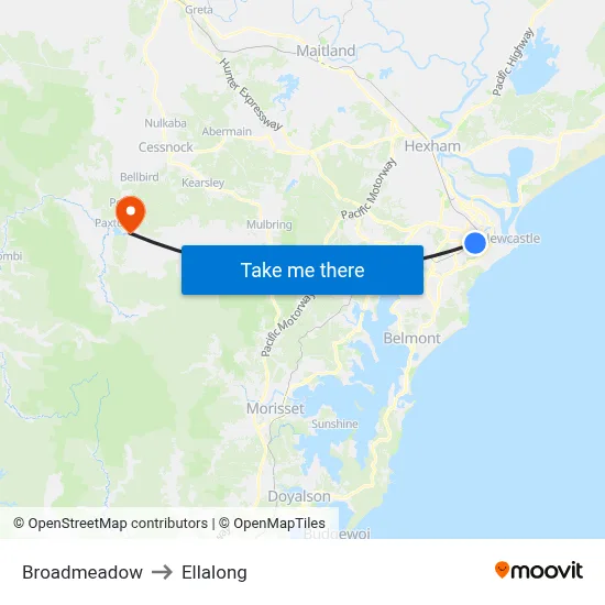 Broadmeadow to Ellalong map