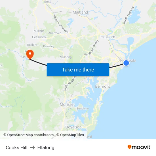 Cooks Hill to Ellalong map