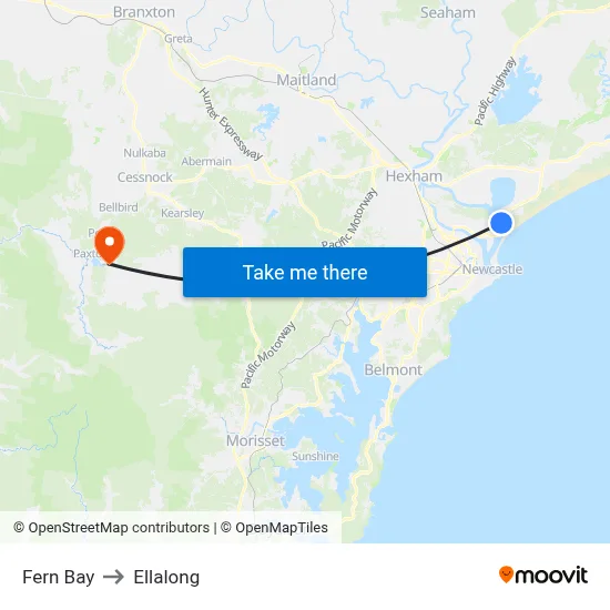 Fern Bay to Ellalong map