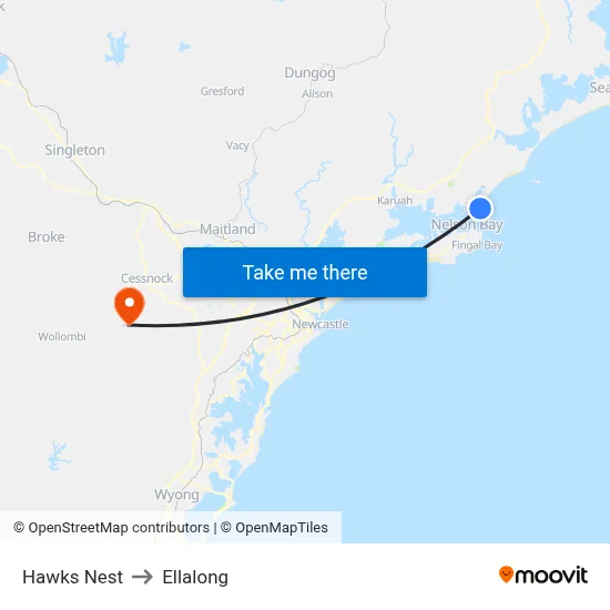 Hawks Nest to Ellalong map