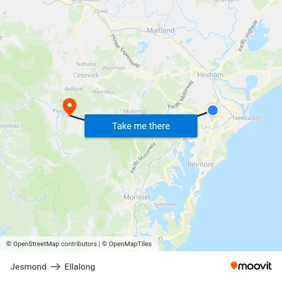 Jesmond to Ellalong map