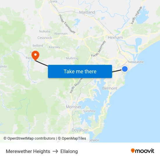 Merewether Heights to Ellalong map