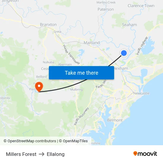 Millers Forest to Ellalong map