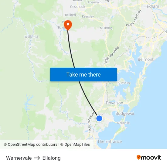 Warnervale to Ellalong map