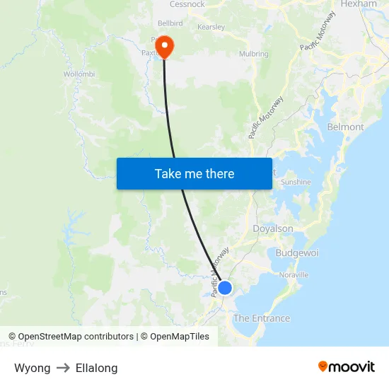 Wyong to Ellalong map