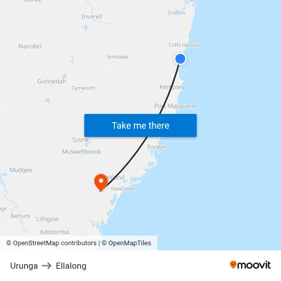 Urunga to Ellalong map