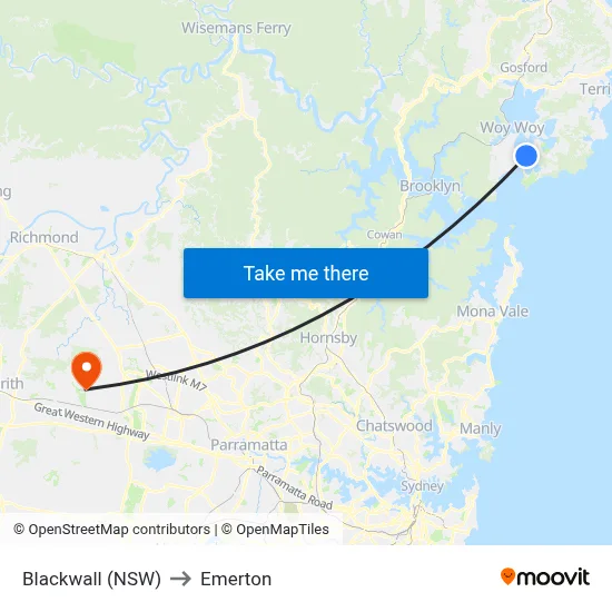 Blackwall (NSW) to Emerton map