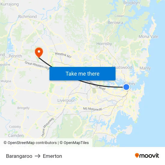Barangaroo to Emerton map