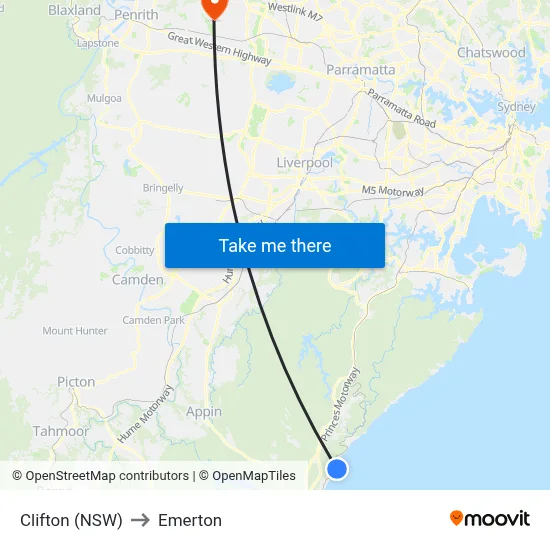 Clifton (NSW) to Emerton map