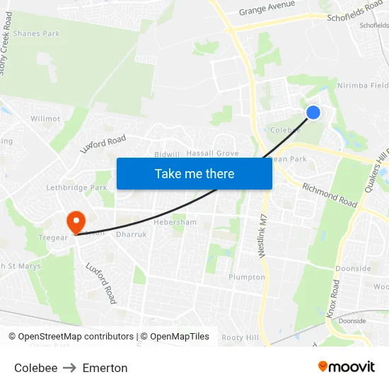 Colebee to Emerton map