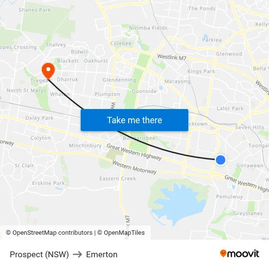 Prospect (NSW) to Emerton map