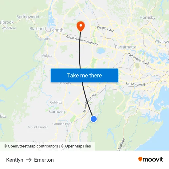 Kentlyn to Emerton map