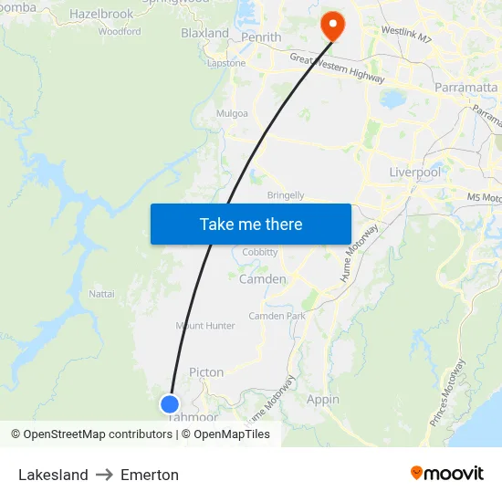 Lakesland to Emerton map