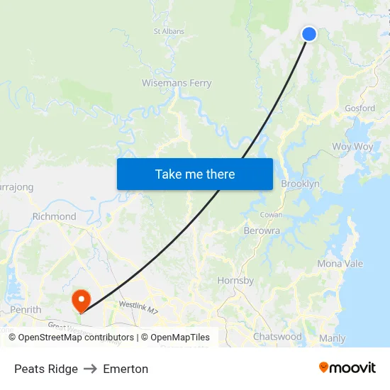 Peats Ridge to Emerton map