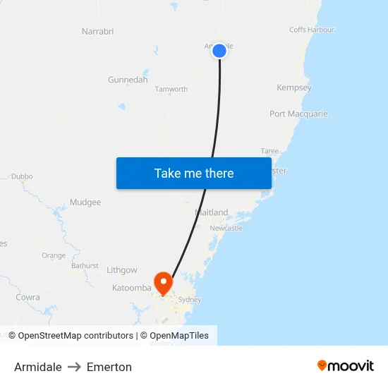 Armidale to Emerton map