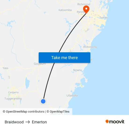 Braidwood to Emerton map