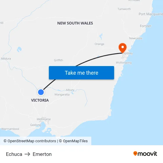 Echuca to Emerton map