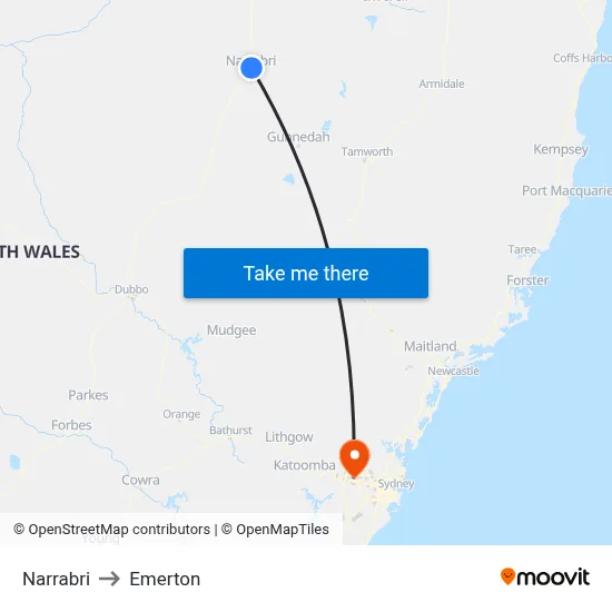 Narrabri to Emerton map