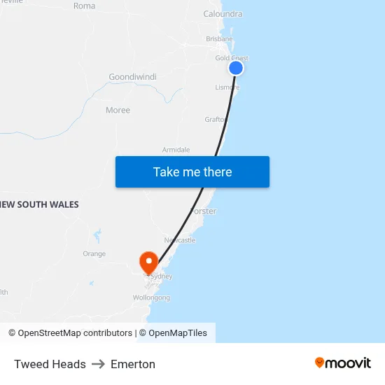 Tweed Heads to Emerton map