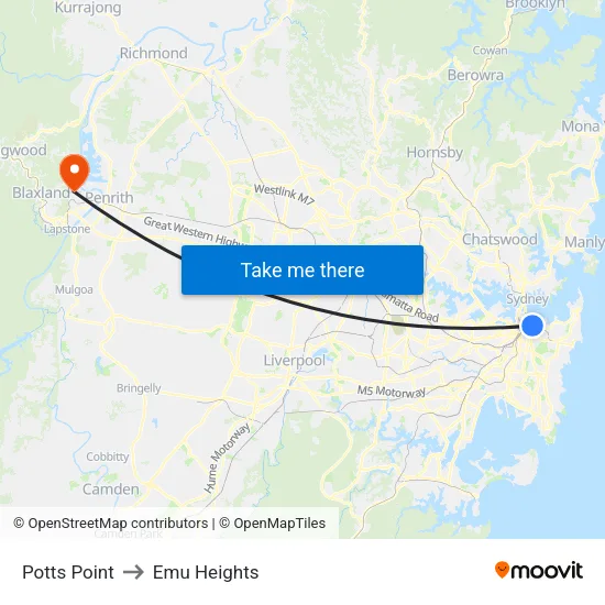 Potts Point to Emu Heights map
