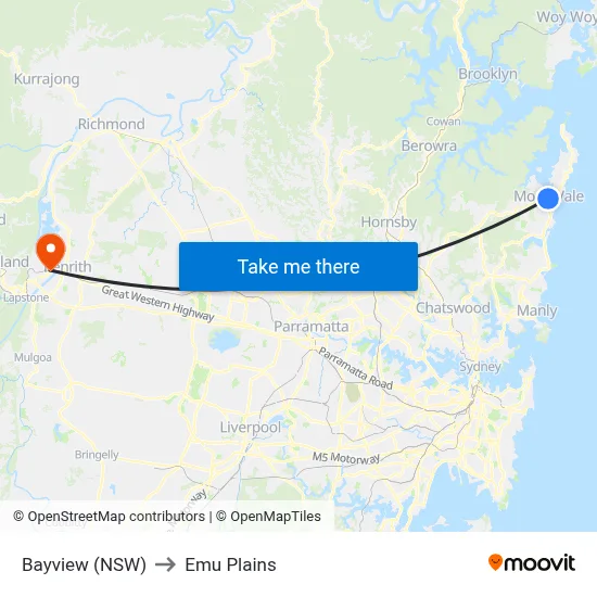 Bayview (NSW) to Emu Plains map