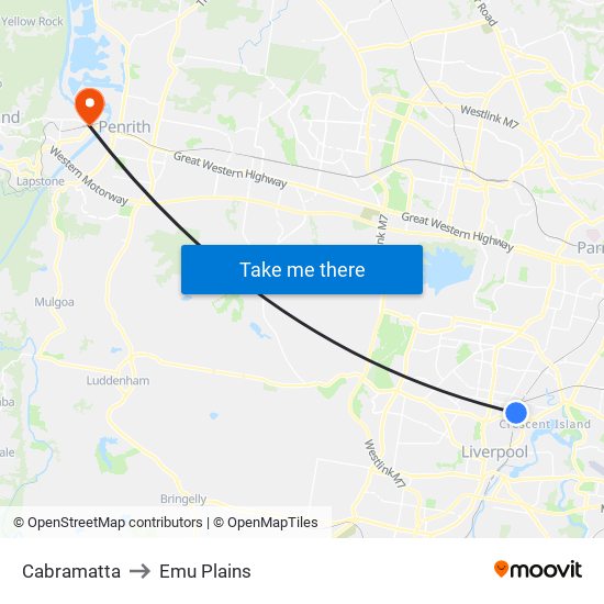 Cabramatta to Emu Plains map