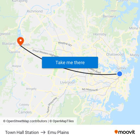 Town Hall Station to Emu Plains map