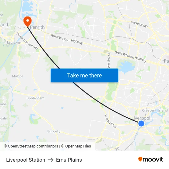Liverpool Station to Emu Plains map